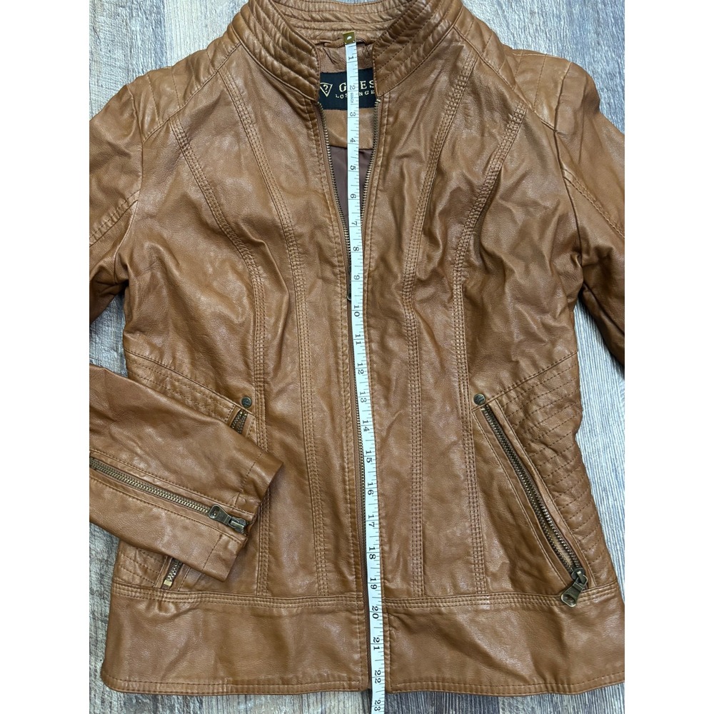 Guess Los Angeles Womens Faux Leather Moto Jacket Cognac Brown Quilted Zip S - Picture 4 of 6